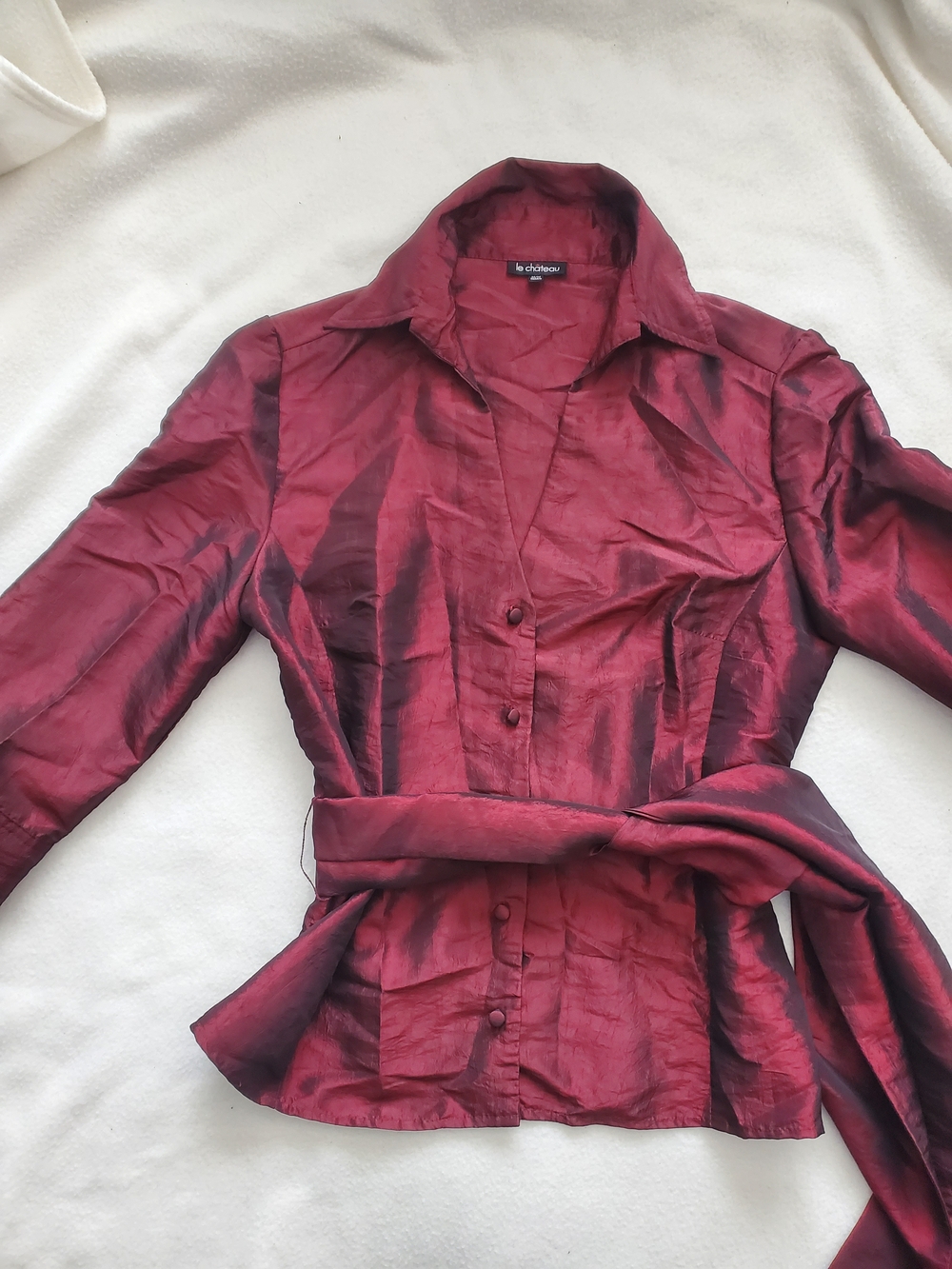 Le Chateau Y2K Deep Wine Red Satin Button-Up Blouse with Waist Tie Size M